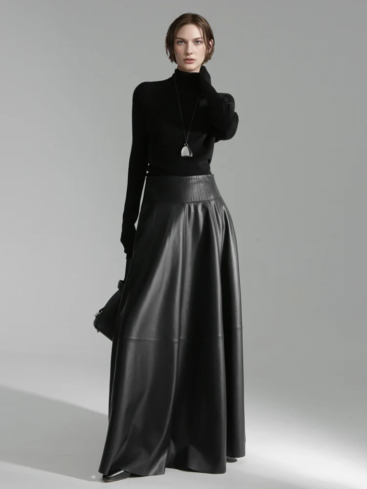 Luxury Black Genuine Sheepskin Midi Skirt – High Waist A-Line Leather Flared Skirt for Women - konjwa