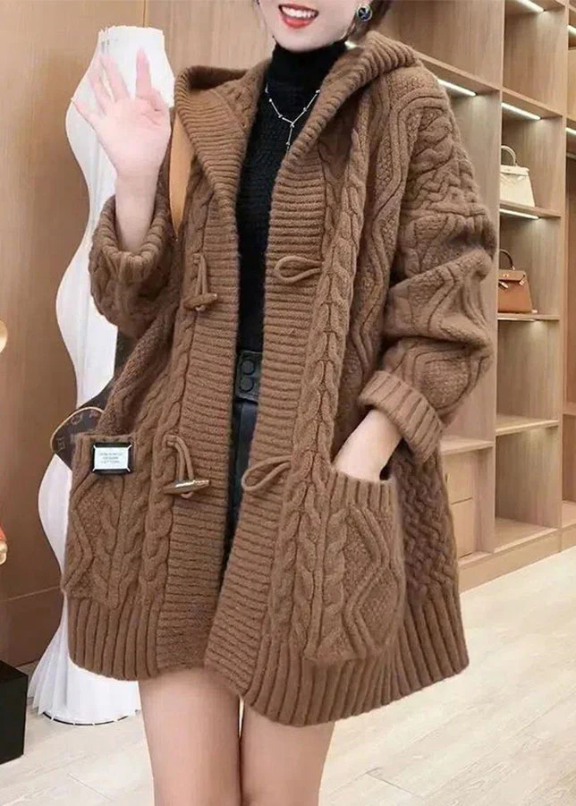 Elegant Chocolate Colour Button Cable Knit Sweaters Coats Fall - konjwa