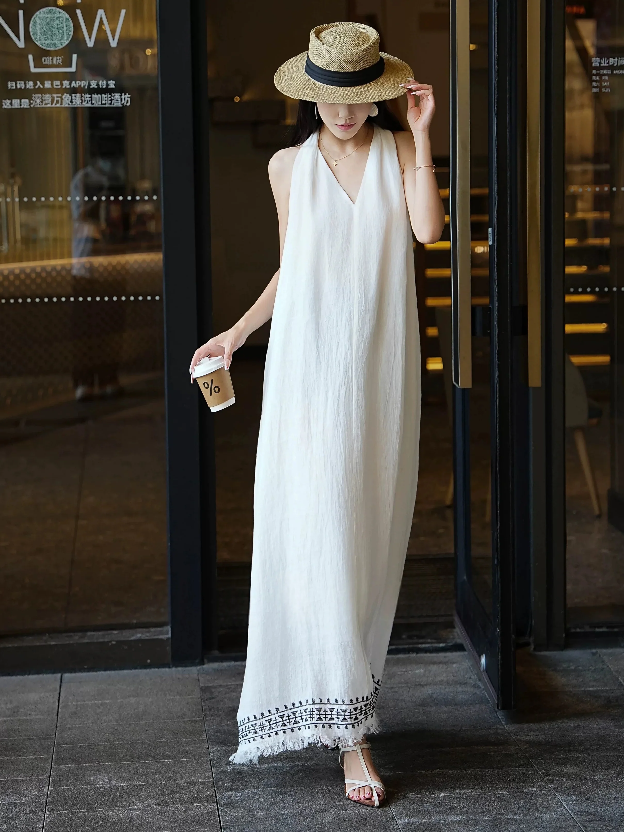 Pure Linen Embroidered Halter Maxi Dress – Relaxed Flowy Summer Gown - konjwa