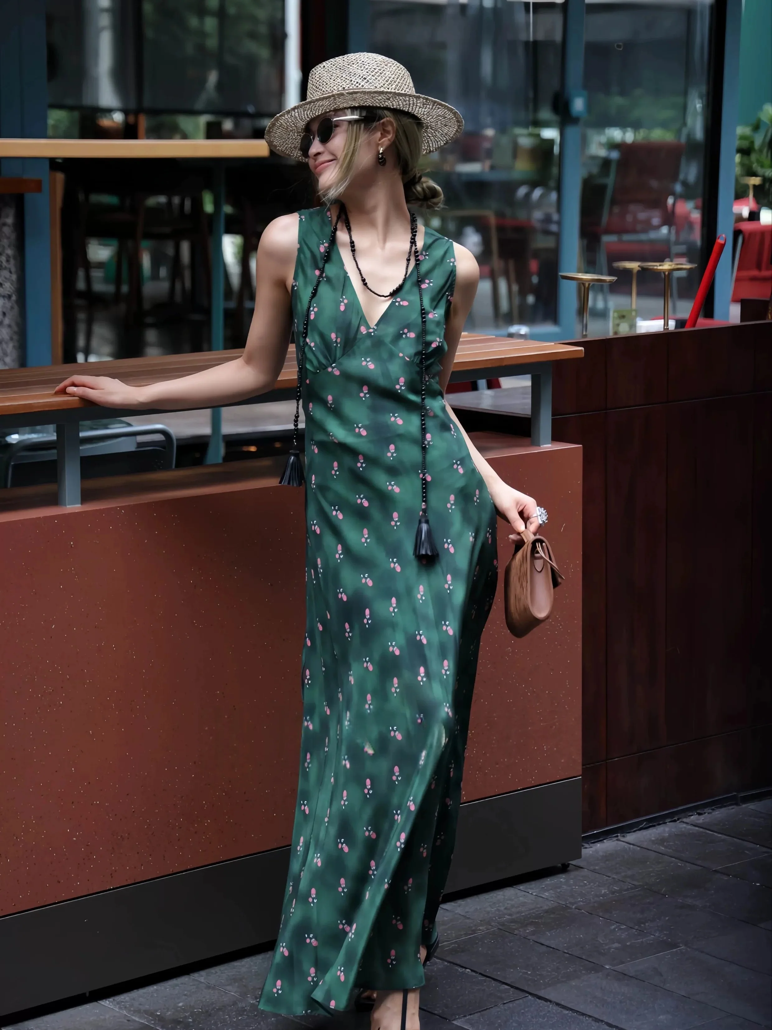 100% Mulberry Silk Floral Print Sleeveless Maxi Dress – V-Neck Fluid Resort Gown - konjwa