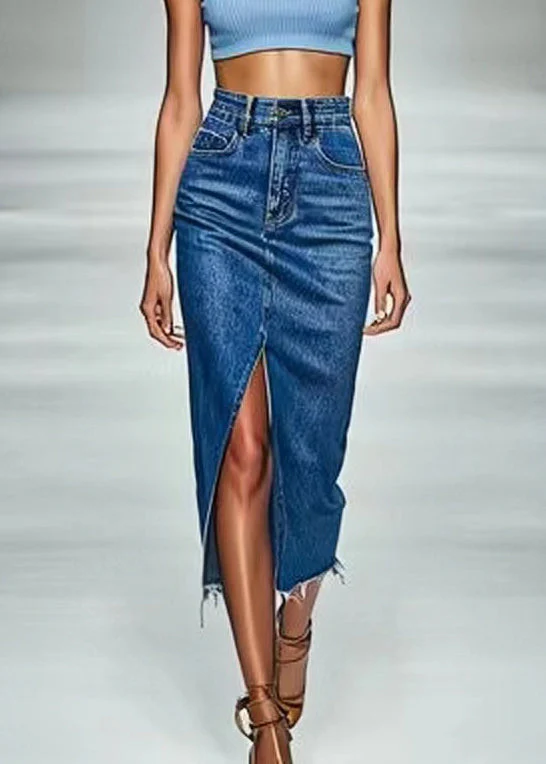 New Blue Front Open Pockets Denim Skirt Summer - konjwa