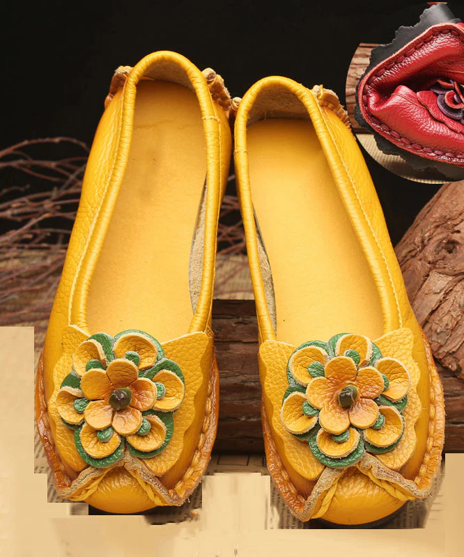 Boutique Yellow Cowhide Leather Flower Splicing Flat Shoes - konjwa