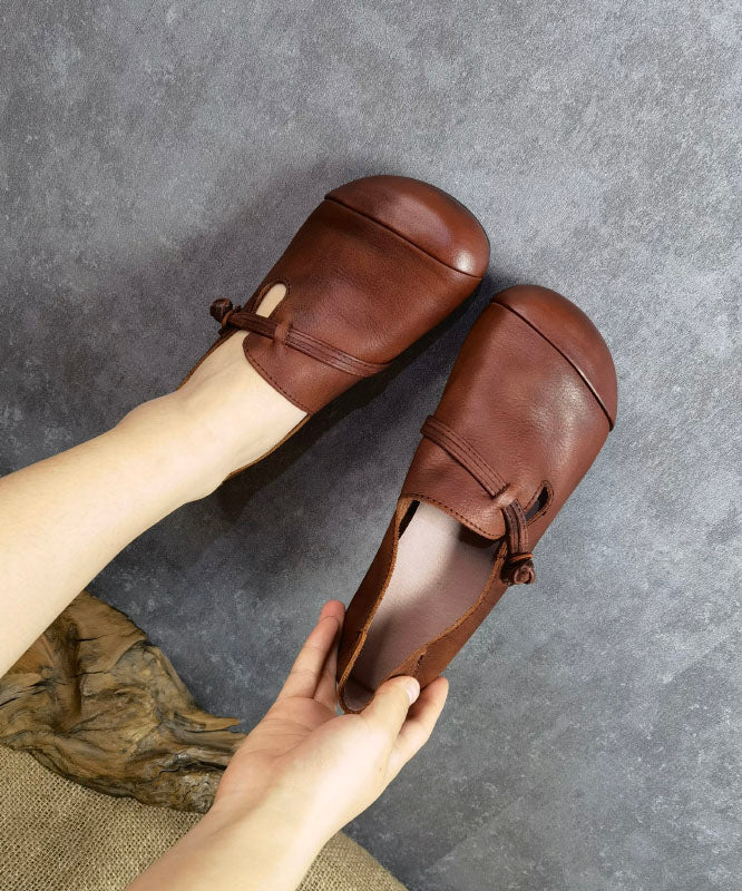 Brown Flat Feet Shoes Cowhide Leather Fashion Buckle Strap Flat Shoes - konjwa