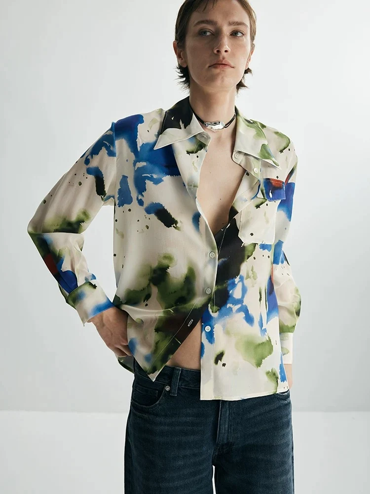 Artisanal Ink‑Wash Print Mulberry Silk Shirt – Heavyweight Long‑Sleeve Women’s Button‑Down Blouse - konjwa