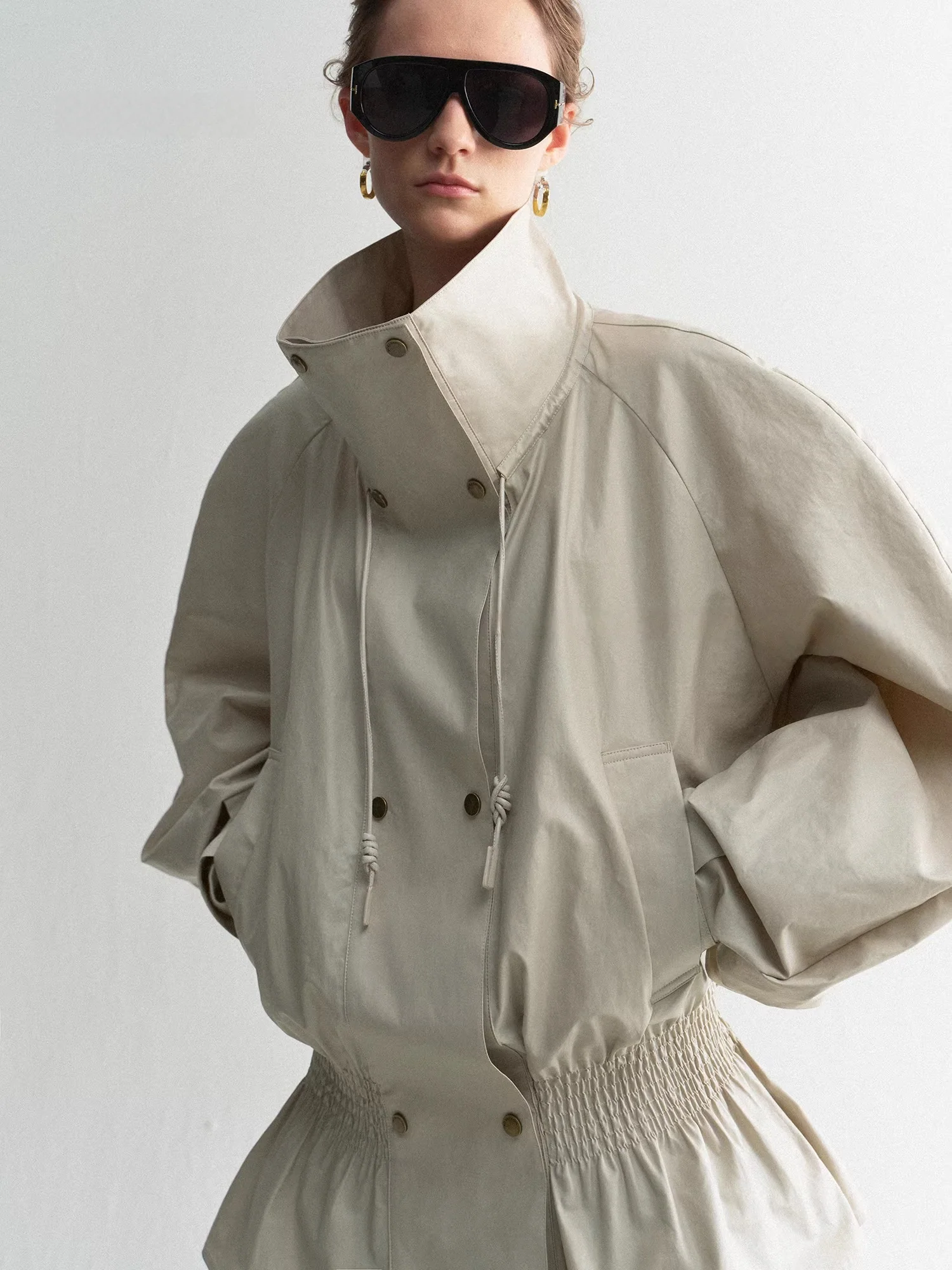 100% Cotton Coated Paper-Touch Trench Coat — Stand Collar Low-Waist Vintage-Style Outerwear - konjwa