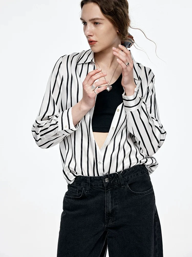 100% Mulberry Silk Pinstripe Shirt for Women – Relaxed Spread-Collar Blouse, Office-to-Weekend Essential - konjwa