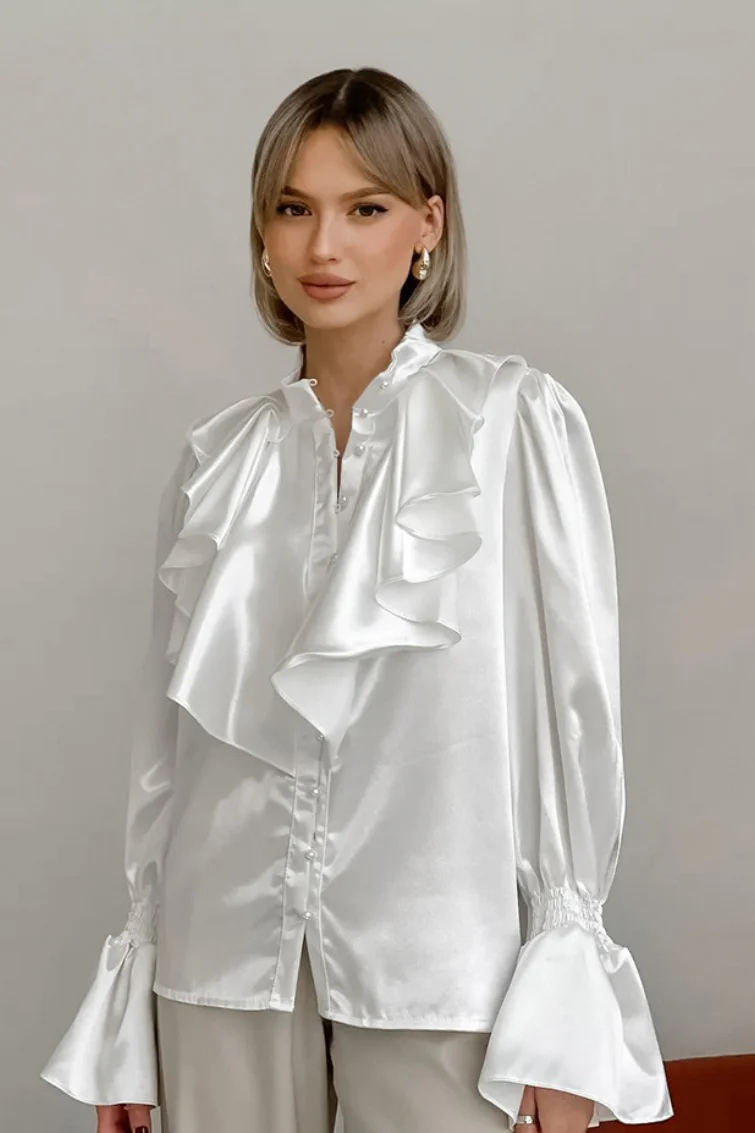 Satin Flare Sleeve Button Blouse - konjwa