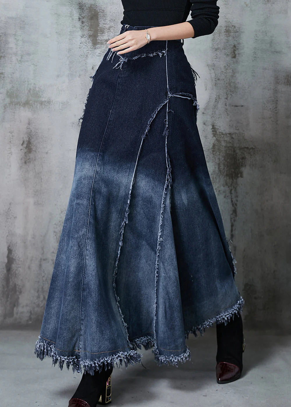 Elegant Gradient Color Patchwork Exra Large Hem Denim Skirt Spring - konjwa