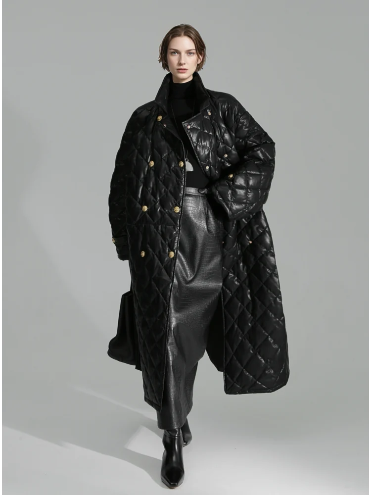 Quilted Lambskin Down Coat for Women – Elegant Mid-Length Slim Fit Jacket with Waist Design, White Duck Down Winter Outerwear - konjwa