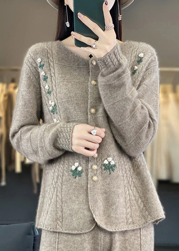 Camel Button Cozy Cashmere Knit Coats O Neck Long Sleeve - konjwa