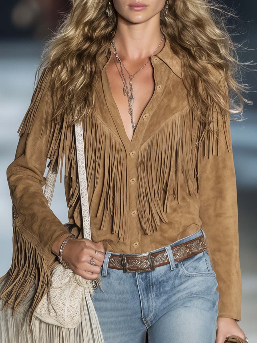 Casual Vintage Western Button Front Tassel Long Sleeve Light Brown Suede Shirt Top - konjwa