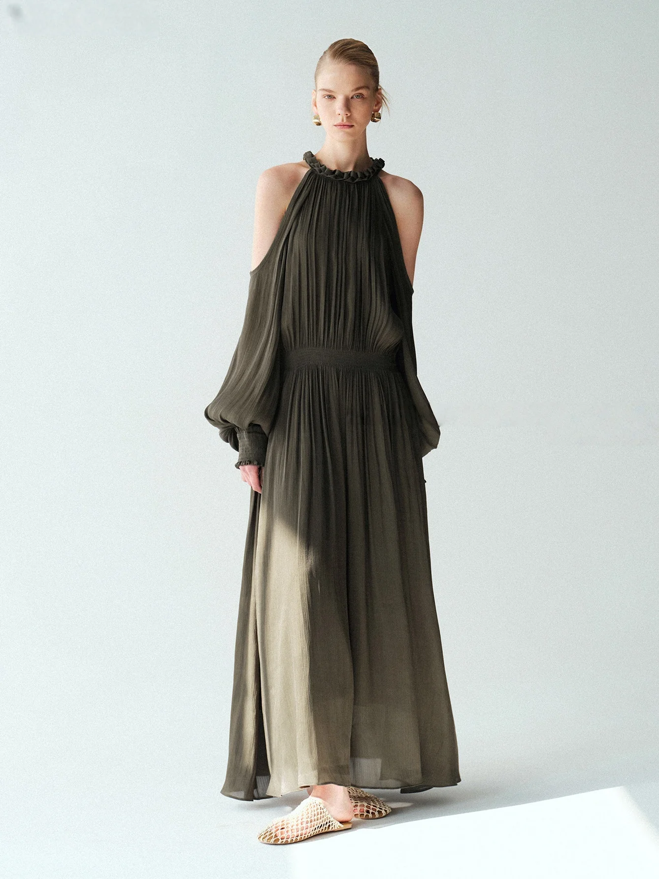 Silk Hand-Braided Halterneck Maxi Dress – Sleeveless Micro A-Line Resort Gown - konjwa