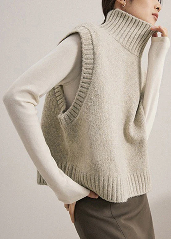Women Camel Turtleneck Patchwork Knit Waistcoat Sleeveless - konjwa