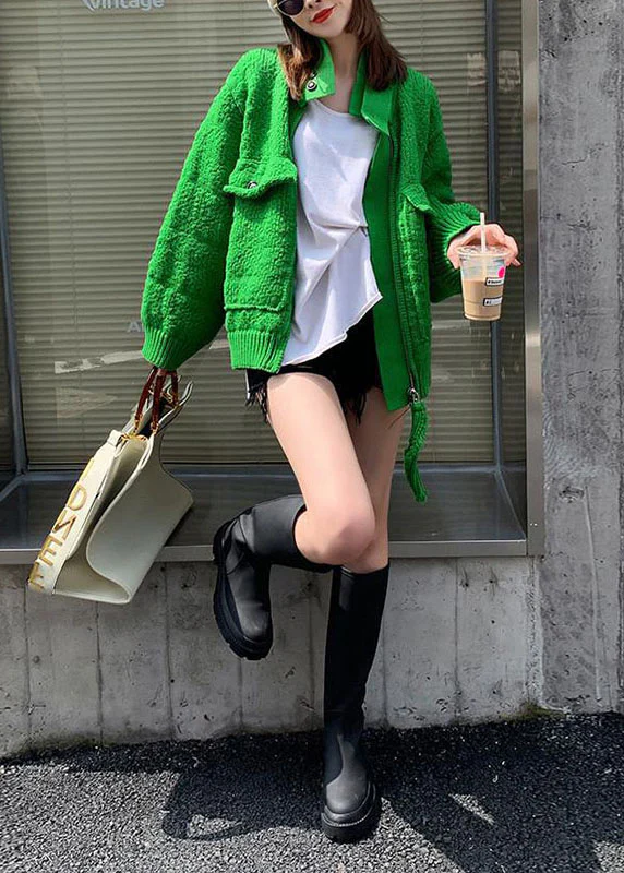 Natural Green zippered Button Pockets Patchwork Fall Knit Sweaters Coat - konjwa