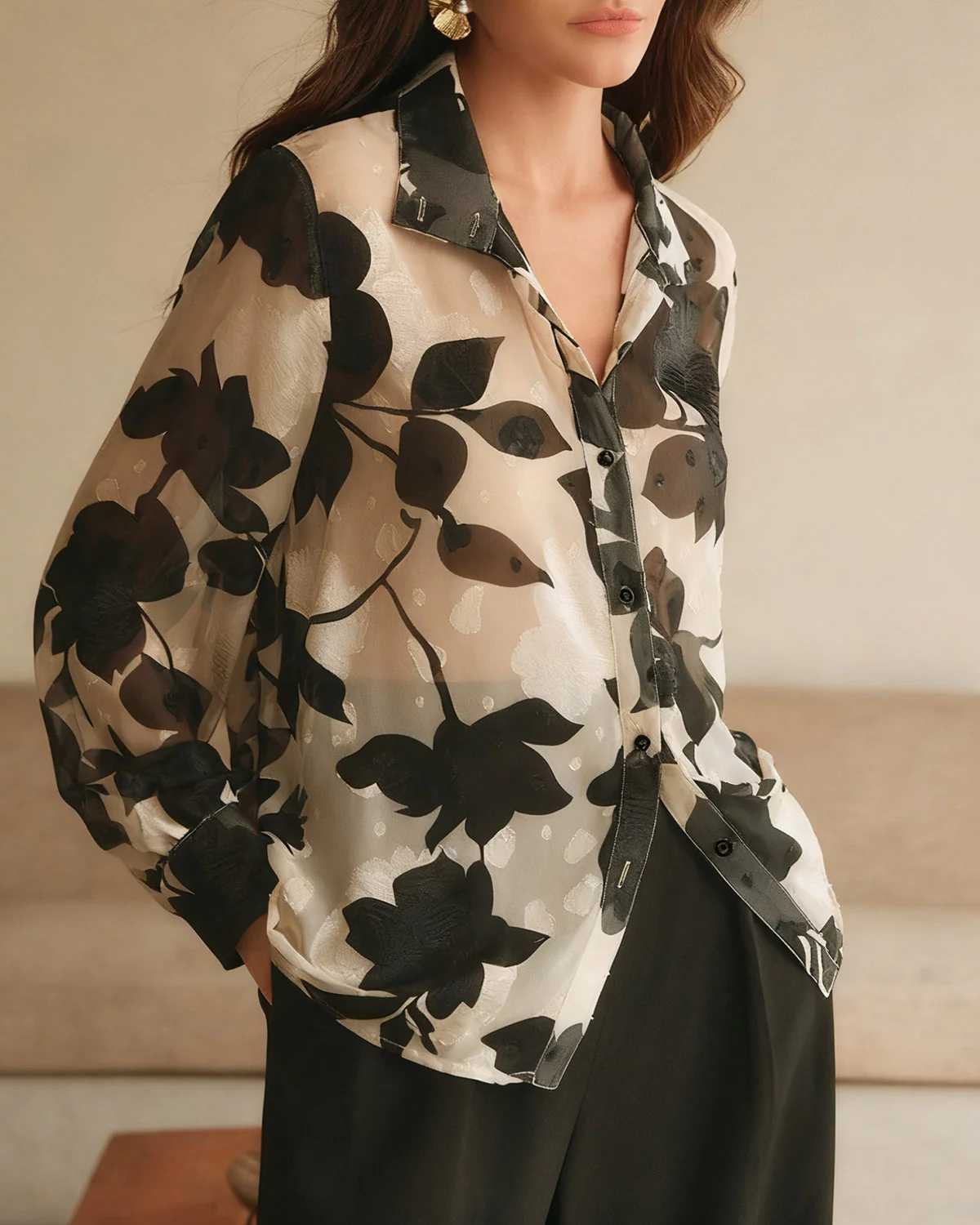 Black Floral Loose Shirt - konjwa