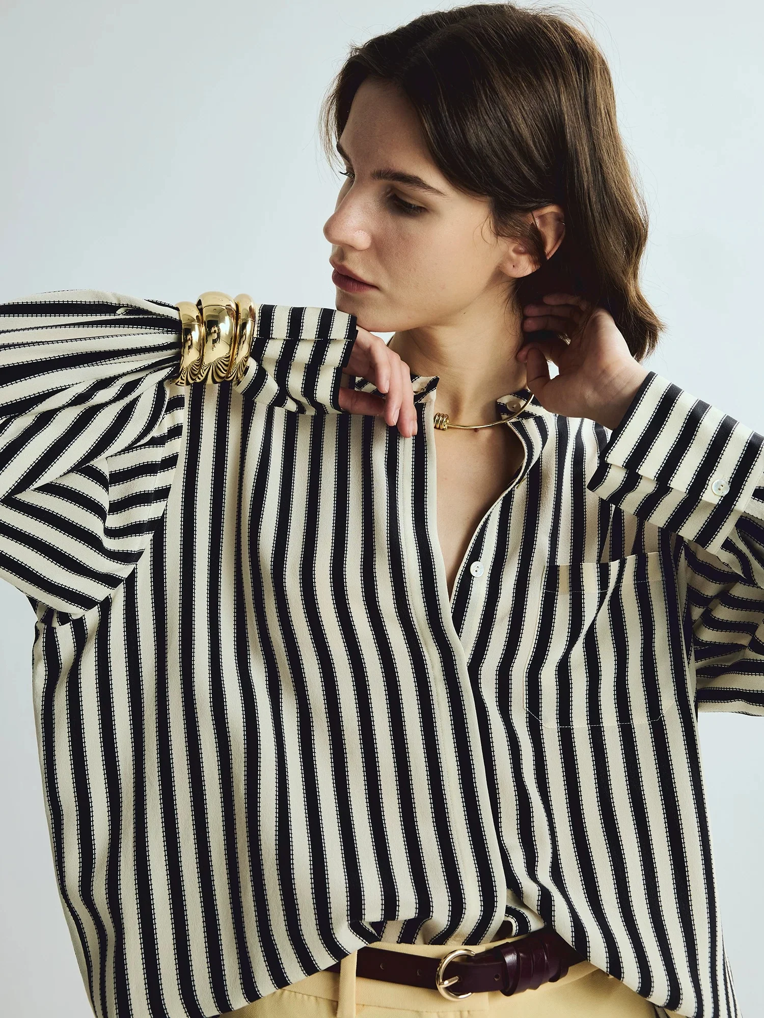 100% Mulberry Silk Black & White Striped Mandarin-Collar Blouse – French-Inspired Long-Sleeve Shirt - konjwa