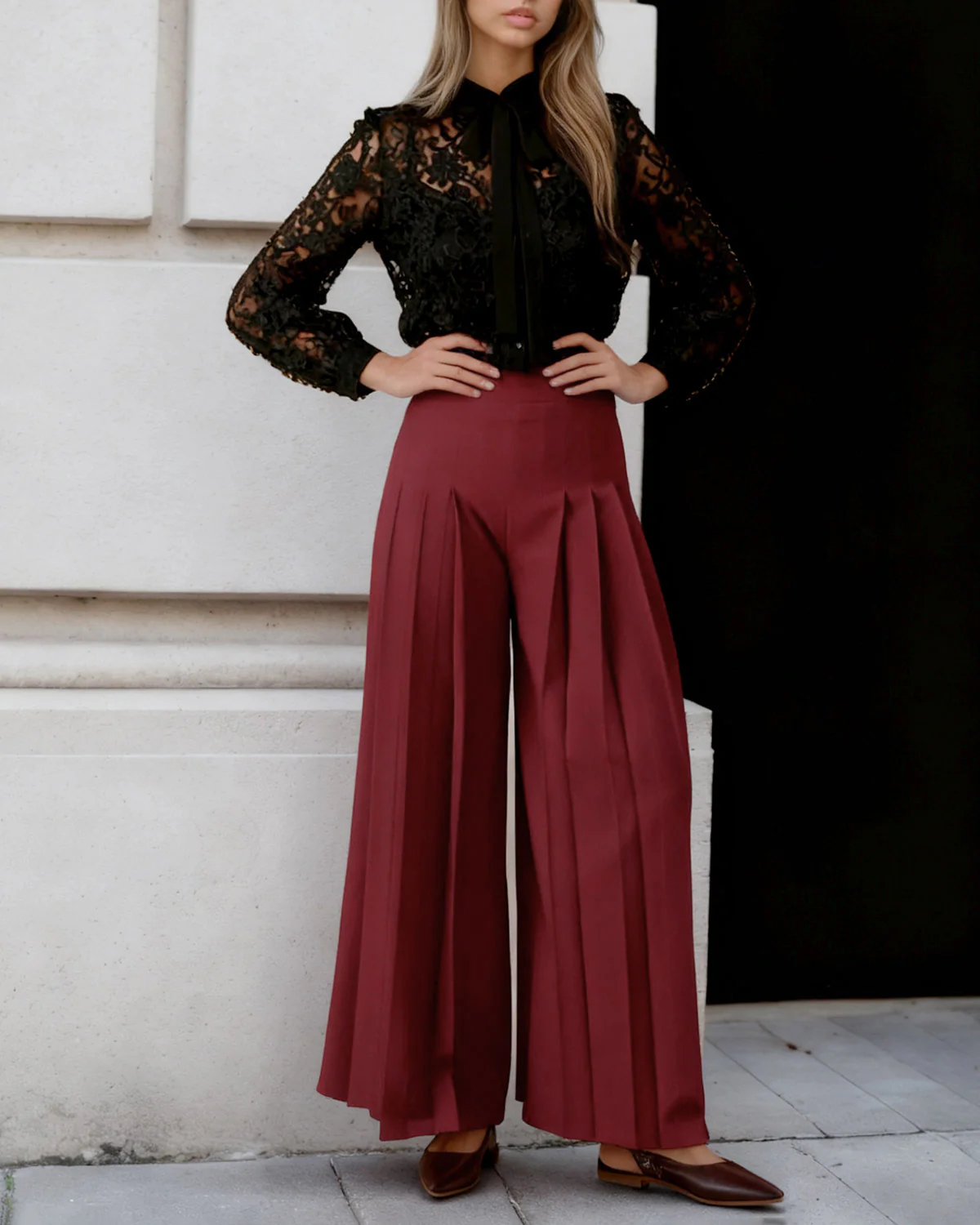 Wine Red Wide Leg Pants - konjwa