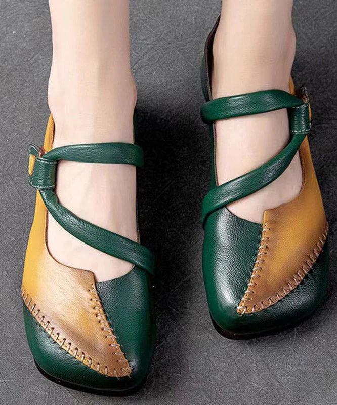 Handmade Green Splicing Buckle Strap Flat Shoes - konjwa