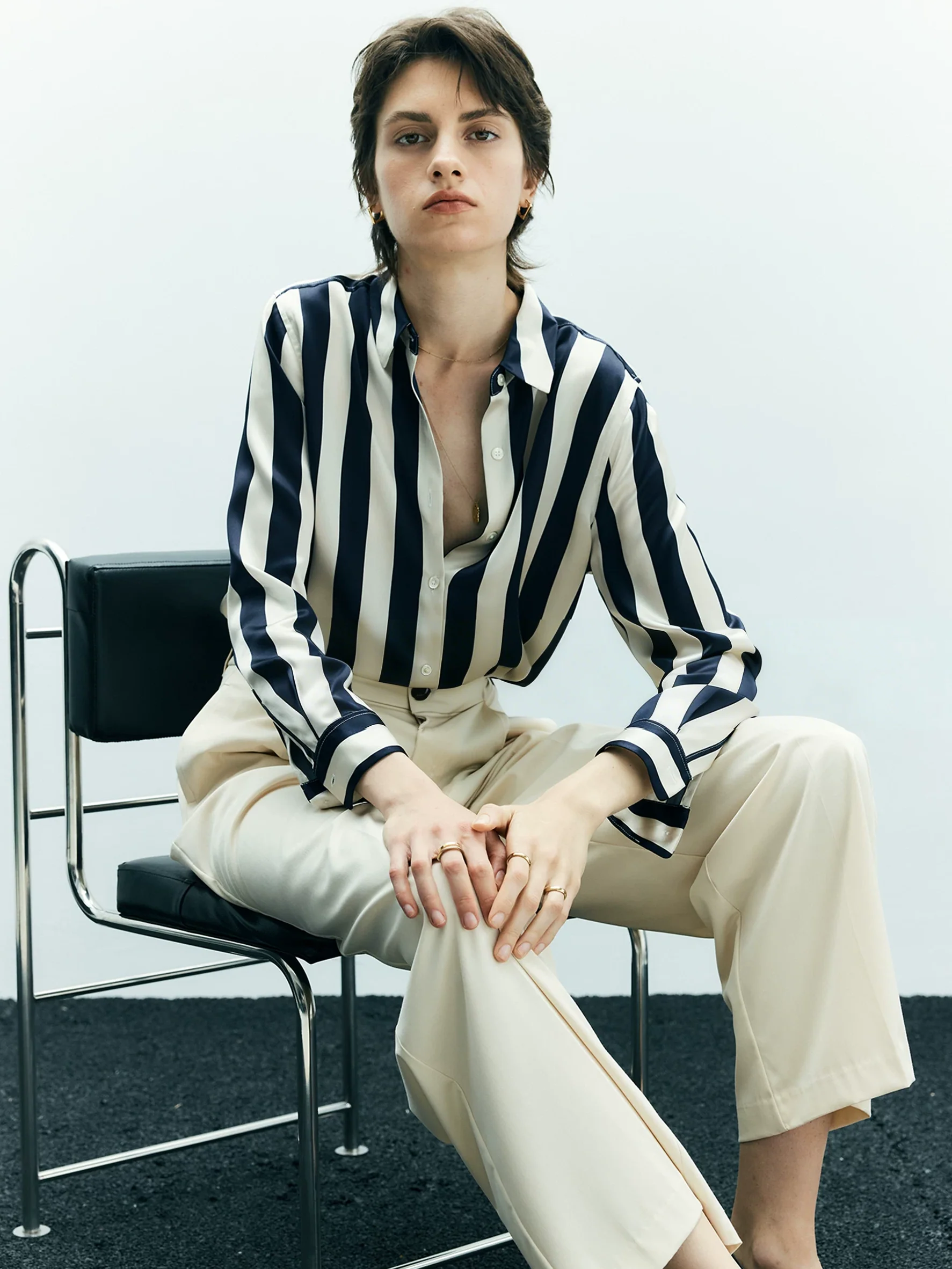 Women's Striped Print Mulberry Silk Shirt – Relaxed-Fit Collared Silk Blouse for Spring/Fall - konjwa