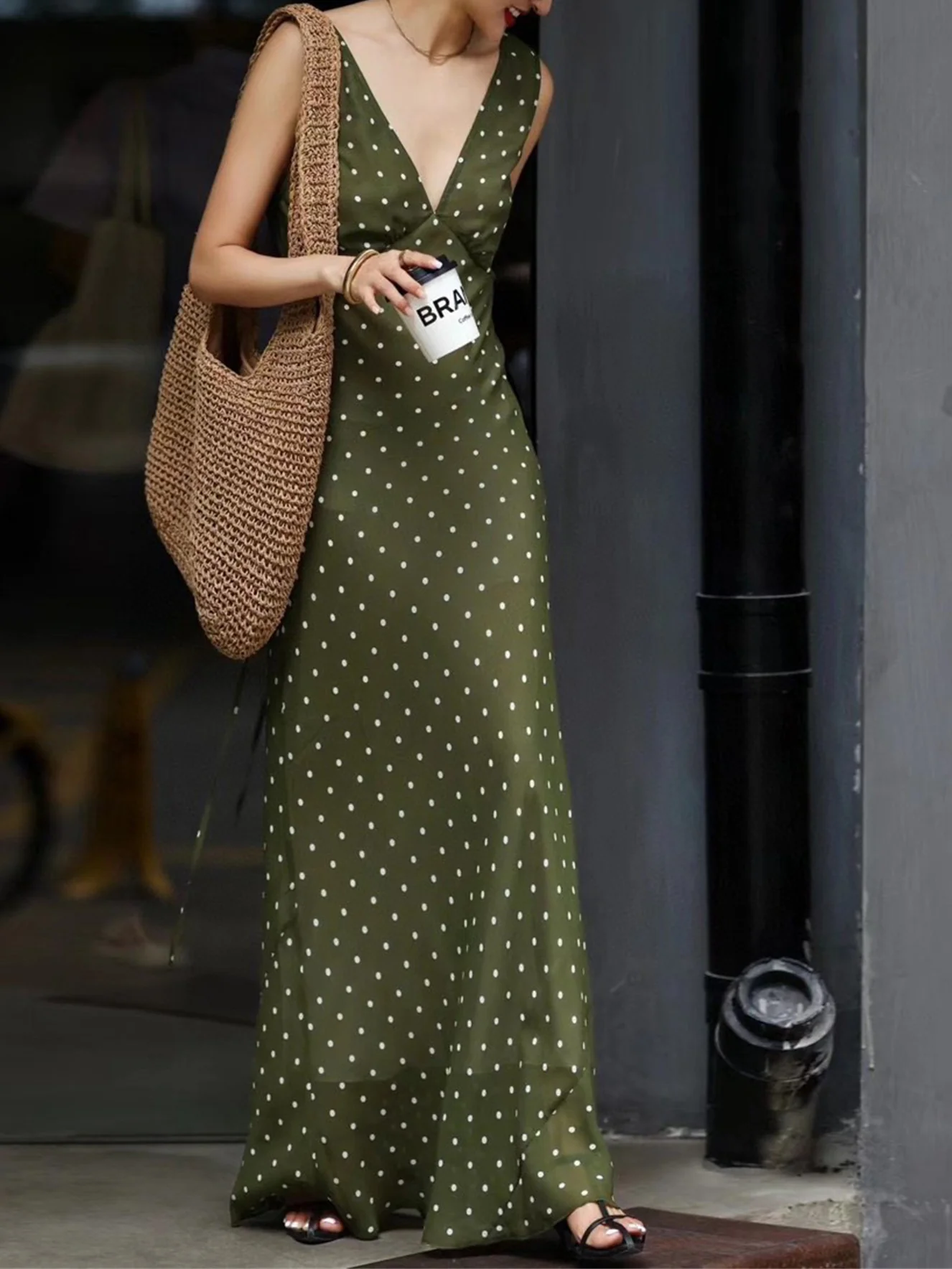 Mulberry Silk V-Neck Vest-Style Polka Dot Print Dress - French Elegant Long Dress - konjwa