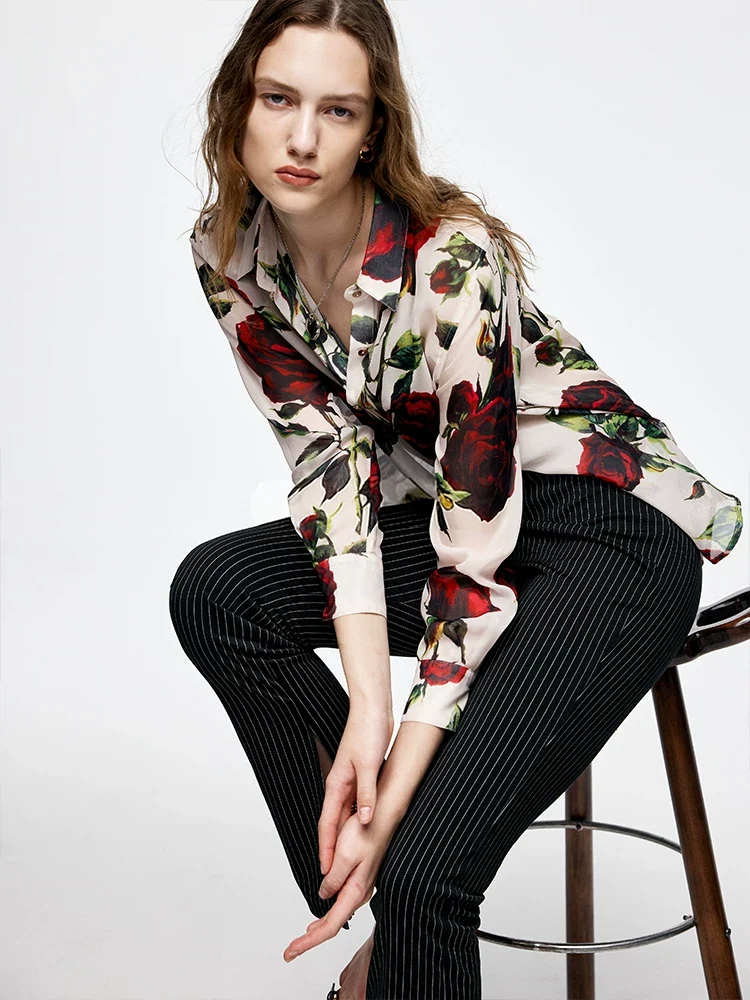 Women's Lightweight Mulberry Silk Rose Print Long-Sleeve Blouse – Elegant Layering Silk Shirt - konjwa