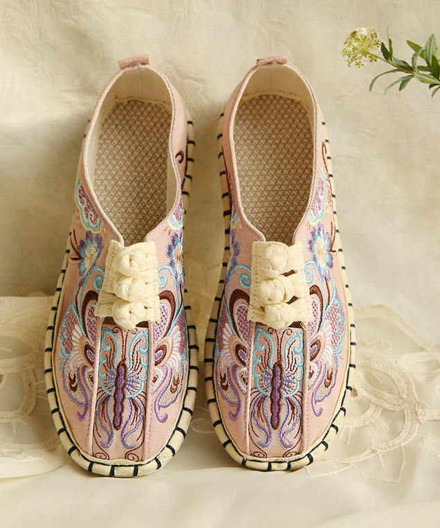 Comfy Flats Embroideried Buckle Strap Pink Linen Fabric Flat Shoes For Women - konjwa