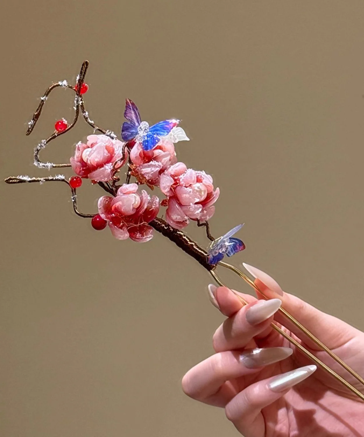 Chinese Style Pink Alloy Coloured Glaze Plum Blossom A Hairpin - konjwa