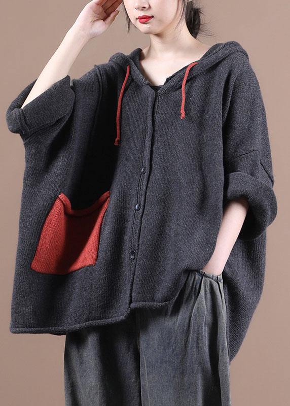 Comfy Dark Grey hooded Pockets Sweater Coat - konjwa