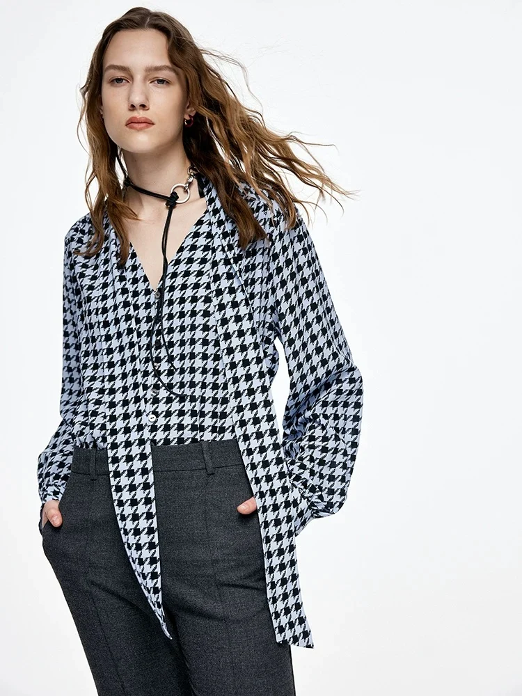 Women’s 100% Mulberry Silk Houndstooth Tie-Neck Blouse – French V-Neck Relaxed Heavyweight Silk Shirt, Long Sleeve - konjwa