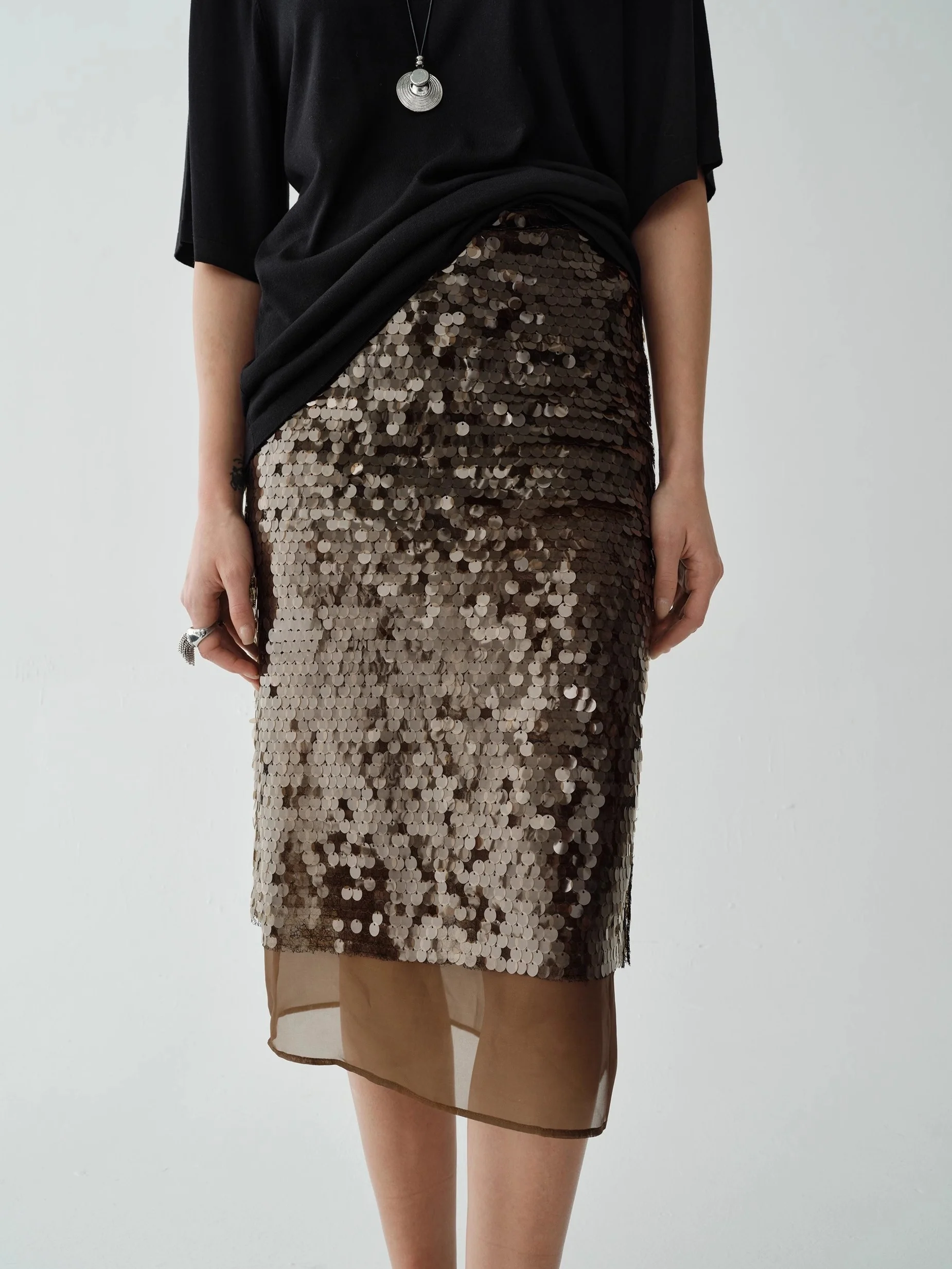Luxury Silk Organza Skirt with 3D Sequin Embellishment | Fashion Split Hem Midi Skirt - konjwa