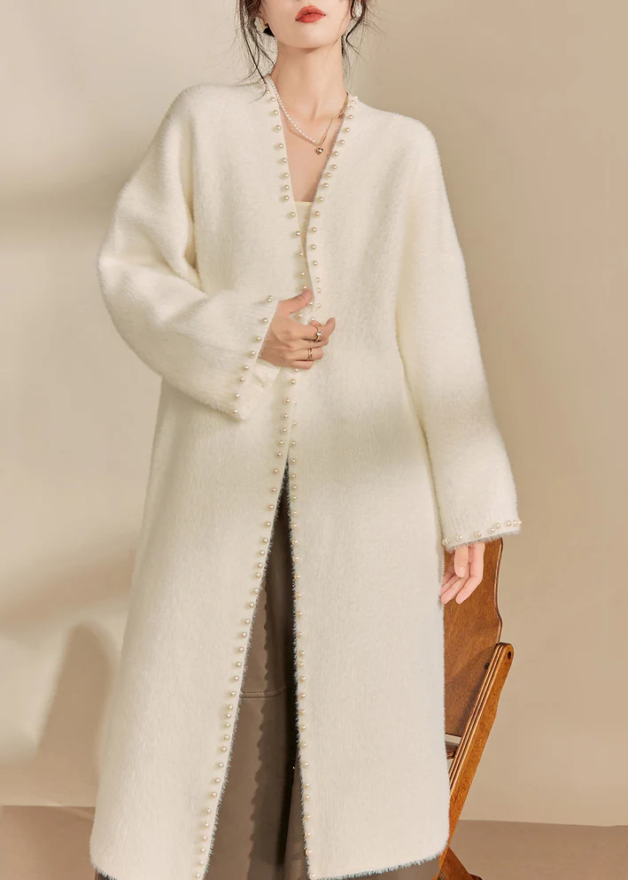 Classy Pink V Neck Nail Bead Cotton Knit Long Coat Spring - konjwa