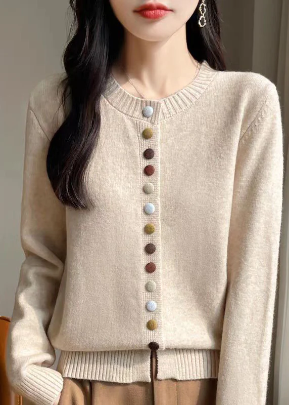 Simple Beige O Neck Button Woolen Coats Spring - konjwa