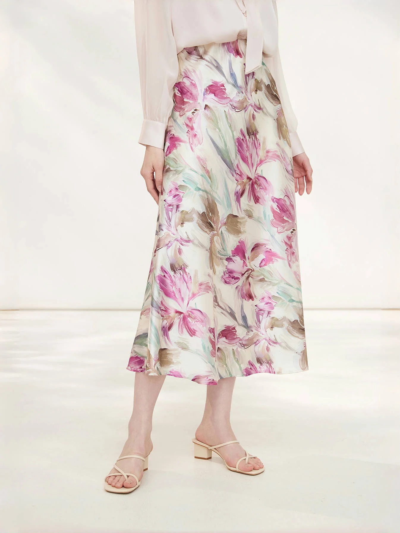 French-Inspired Mulberry Silk A-Line Skirt – Mid-Length Printed Knee-Length Design - konjwa