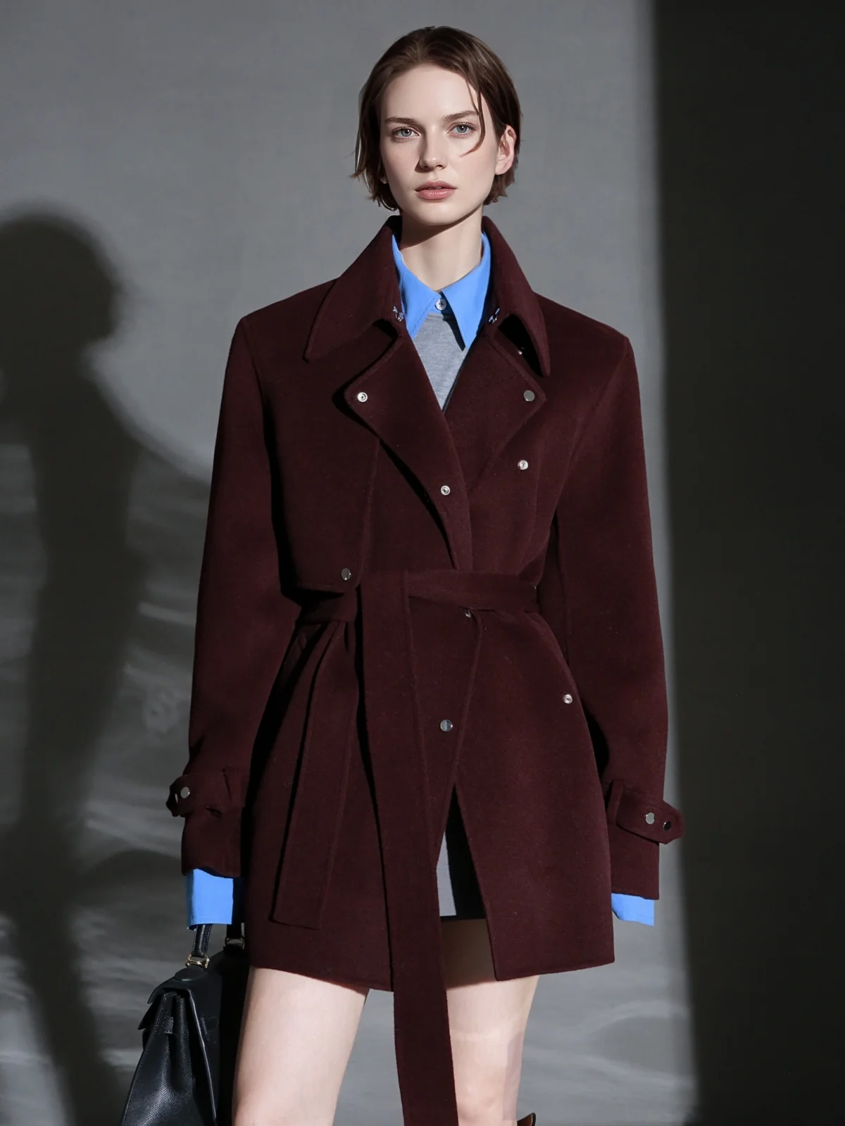 French Minimalist Chic Wool Coat for Women – Double-Faced Cashmere Overcoat with Lapel and Metal Buttons, Fall Winter Elegant Outerwear - konjwa