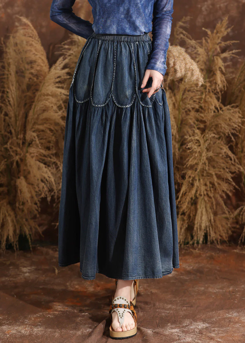 French Navy Patchwork Elastic Waist A Line Denim Skirts Summer - konjwa