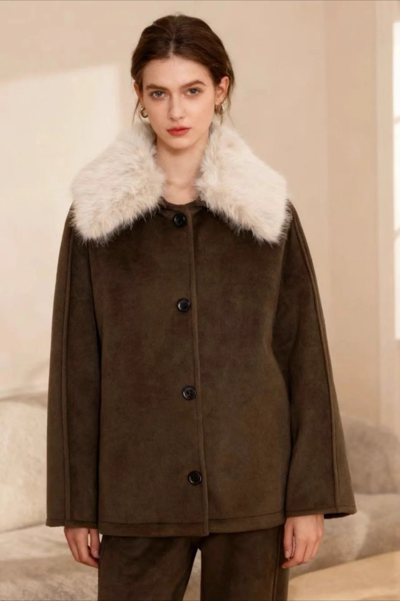 Textured Faux Fur Trim Jacket - konjwa