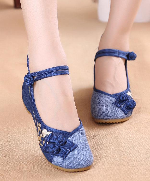 Women Buckle Strap Wedge High Wedge Heels Shoes Blue Oriental Cotton Fabric - konjwa